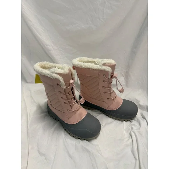 Cat & Jack Girls' sz 6 Pink Gray Winter Snow Boots Faux Fur Lace Up Insulated - Picture 2 of 6